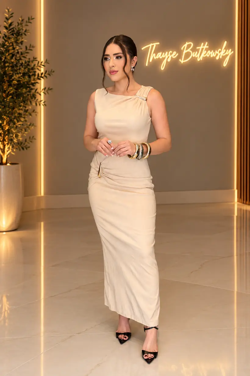 Thayse com vestido bege em frente ao letreiro da loja